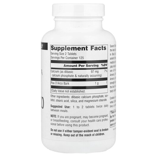 Основне фото товару Source Naturals, Pau D'Arco 500 mg 250, Пау Дарко 500 мг, 25