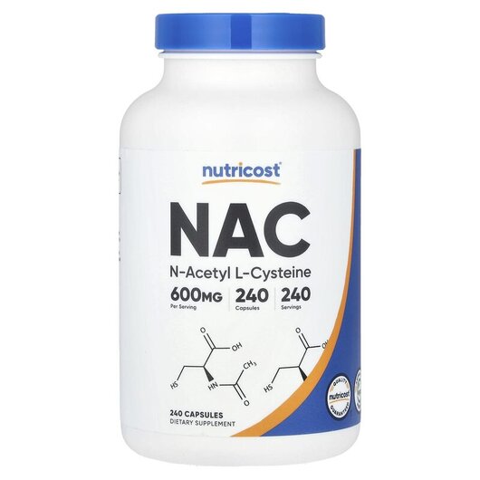 Основне фото товару NAC 600 mg Основне фото товару Nutricost, NAC 600 mg, N-ацетилцистеїн, 240 капсул