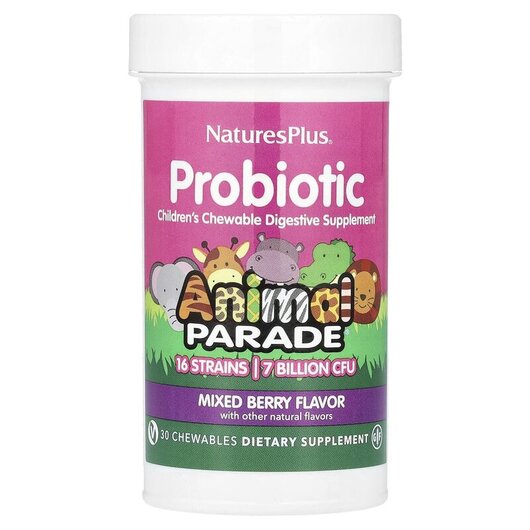 Основное фото товара Probiotic Children's Chewable Digestive Supplement Mixed Berry Основное фото товара Natures Plus, Пробиотики для детей, Animal Parade Probiotic, 30 к