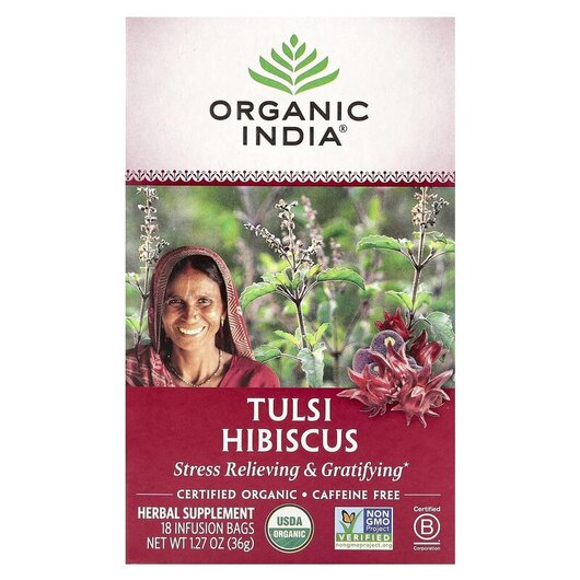 Основное фото товара Tulsi Tea Hibiscus Caffeine-Free 18 Infusion Bags, Органический ч
