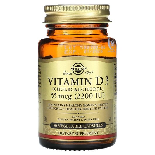 Основне фото товару Solgar, Vitamin D3 55 mcg 2200 IU, Вітамін D3, 50 капсул