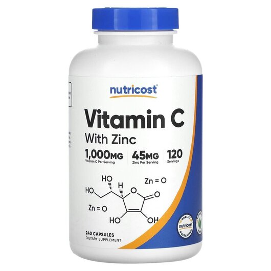 Основне фото товару Nutricost, Vitamin C with Zinc, Вітамін C, 240 капсул