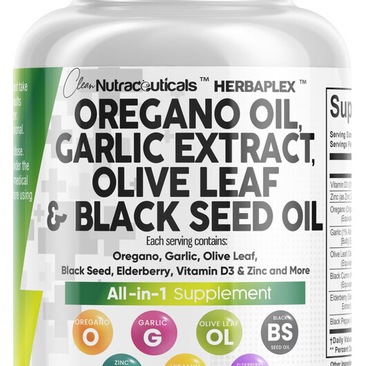Основне фото товару Oregano Oil with Black Seed Oil Garlic Olive Leaf Extract - Oil of Oregano Capsules Immune Support Carvacrol & Thymoquinone Supplement for Women and Men + Elderberry Vitamin D3 & Zinc Основне фото товару Oregano Oil with Black Seed Oil Garlic Olive Leaf, Олія орегано,