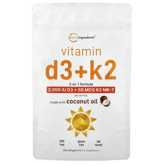 Основне фото товару Vitamin D3 + K2 Основне фото товару Micro Ingredients, Vitamin D3 + K2, Вітаміни D3 K2, 300 капсул