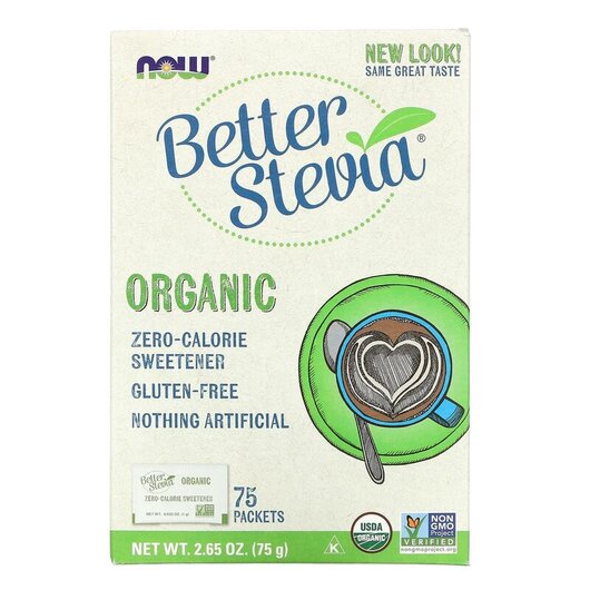 Основне фото товару Organic Better Stevia Zero-Calorie Sweetener 75 Packets Основне фото товару NOW Foods, Organic Better Stevia, Стевія, 75 г