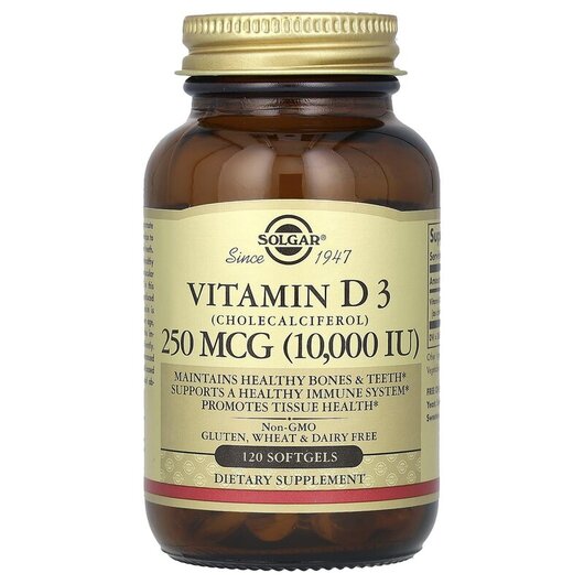 Основне фото товару Vitamin D3 Cholecalciferol 250 mcg 10000 IU Основне фото товару Solgar, Vitamin D3 10000 IU, Вітамін D3 10000 МО, 120 капсул