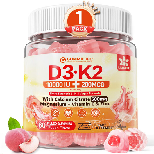 Основное фото товара Vitamin D3 K2 Gummies 5000IU / 10000 IU with 500mg Calcium + K2MK-7 200mcg Magnesium Vitamin C & Zinc Extra Strength - Ultimate Absorbency for Bones Muscles Teeth Vegan 60 Count Pack of 1 Основное фото товара Vitamin D3 K2 Gummies 5000IU / 10000 IU with, Витамины D3 + K2, 6