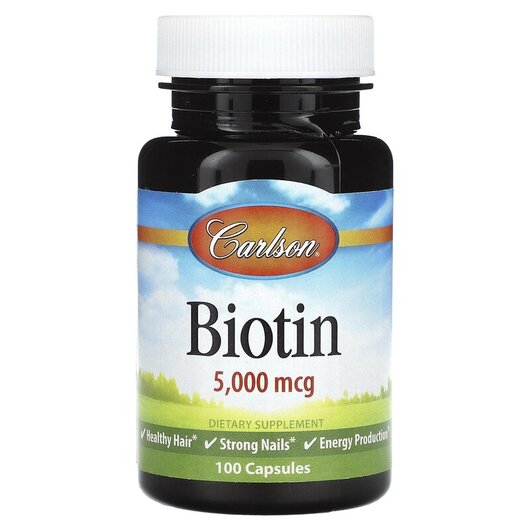 Основне фото товару Biotin 5000 mcg Основне фото товару Carlson, Biotin 5000 mcg, Вітамін B7 Біотин, 100 капсул