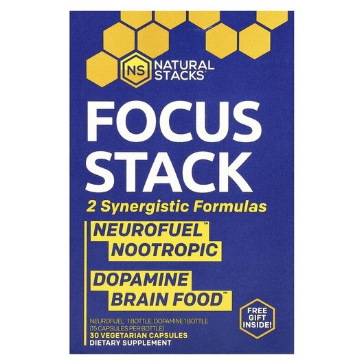 Основне фото товару Focus Stack 2 Bottles Основне фото товару Focus Stack 2 Bottles, Підтримка мозку, 15 Vegetarian Capsules Ea