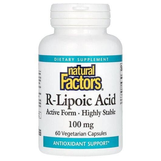 Основне фото товару R-Lipoic Acid 100 mg Основне фото товару Natural Factors, R-Lipoic Acid 100 mg, R-Ліпоєва кислота, 60 капс