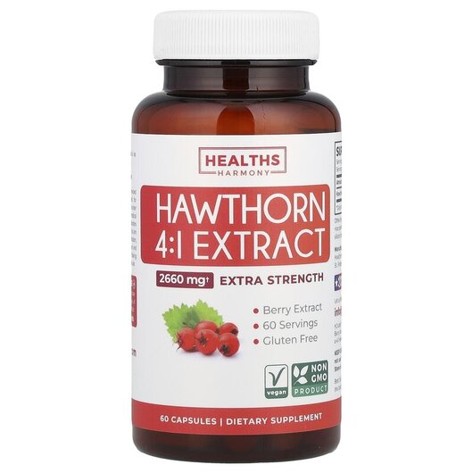 Основное фото товара Healths Harmony, Боярышник, Hawthorn 4:1 Extract 2660 mg, 60 капс