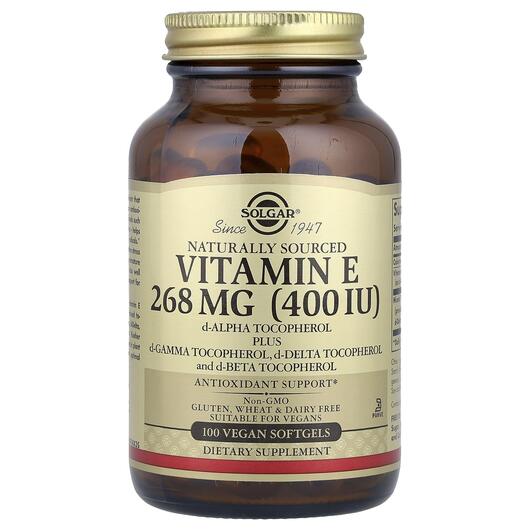 Основне фото товару Naturally Sourced Vitamin E 268 mg 400 IU Основне фото товару Solgar, Vitamin E 268 mg 400 IU, Вітамін E, 100 капсул