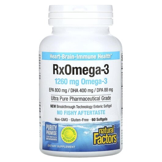 Основное фото товара RxOmega-3 630 mg Основное фото товара Natural Factors, Рыбий жир Омега-3, RxOmega-3 630 mg, 60 капсул