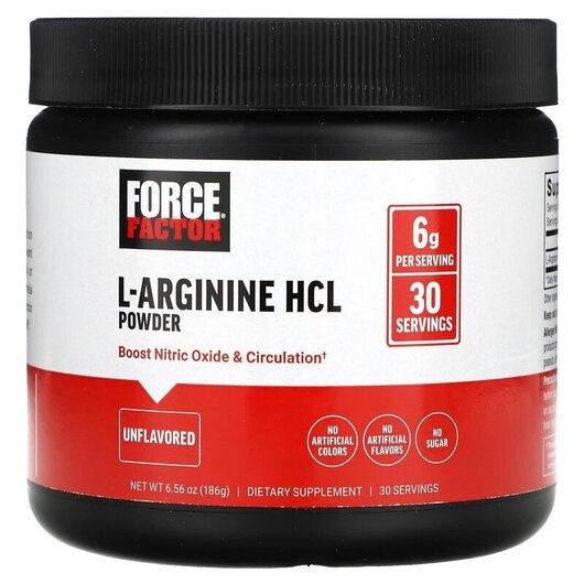 Основне фото товару L-Arginine HCL Powder Unflavored Основне фото товару Force Factor, L-Arginine HCL Powder Unflavored, L-Аргінін, 186 г