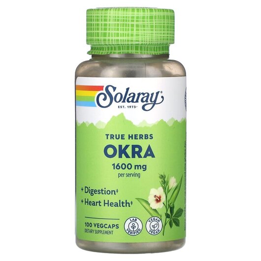Основне фото товару True Herbs Okra 1600 mg Основне фото товару Solaray, True Herbs Okra 1600 mg, Окра, 100 капсул