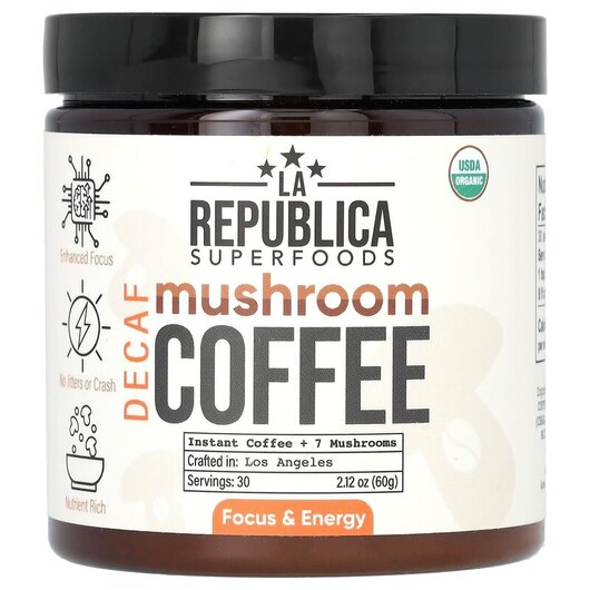 Основне фото товару Mushroom Coffee Instant Coffee + 7 Mushrooms Decaf, Гриби, 60 г