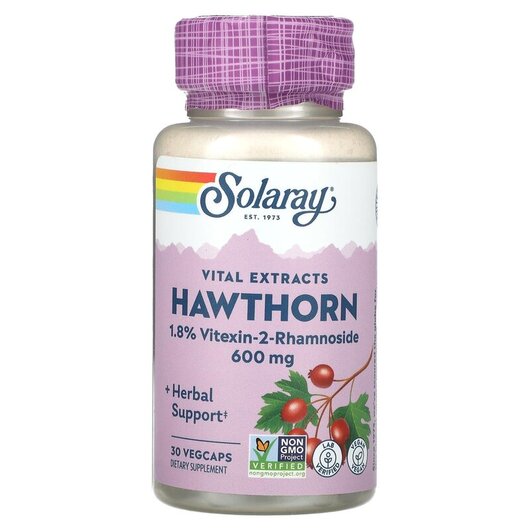 Основне фото товару Solaray, Vital Extracts Hawthorn 600 mg, Глід, 30 капсул