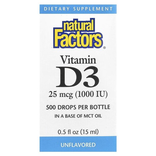 Основное фото товара Natural Factors, Жидкий Витамин D3, Vitamin D3 Drops 1000 IU 0, 1