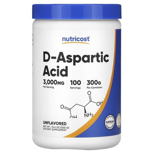 Основне фото товару D-Aspartic Acid Unflavored Основне фото товару Nutricost, D-Aspartic Acid Unflavored, Аспартат, 300 г