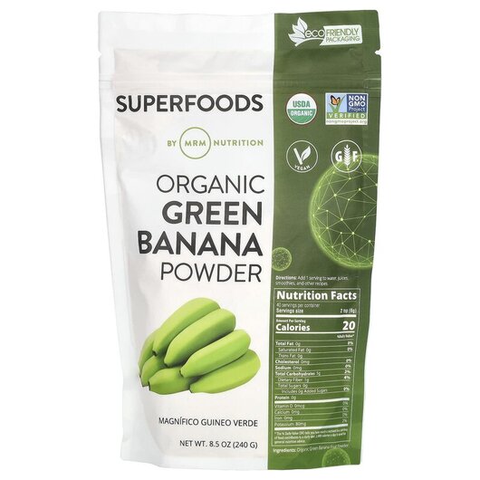 Основне фото товару MRM, Raw Organic Green Banana, Зелений банан в порошку, 240 г
