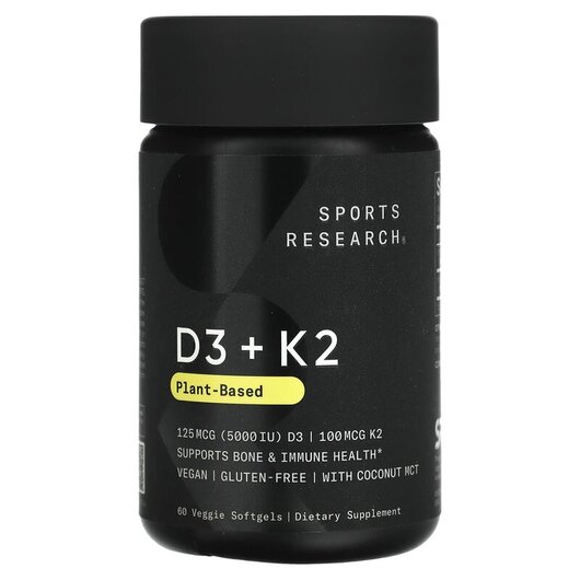 Основне фото товару Plant-Based D3 + K2 2-in-1 Support Основне фото товару Sports Research, Plant-Based D3 + K2, Вітаміни D3 K2, 60 капсул