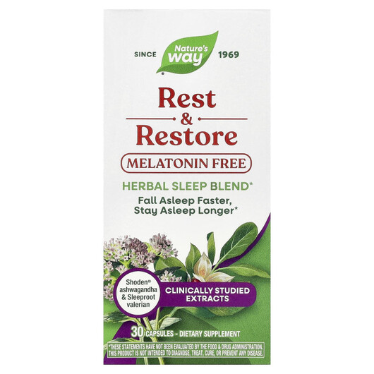 Основне фото товару Nature's Way, Rest & Restore Melatonin Free, Мелатонін, 