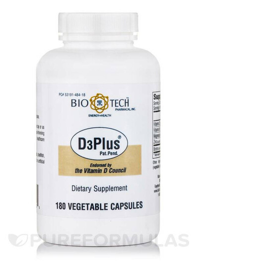 Основное фото товара Tech Pharmacal, Витамин D3, D3Plus, 180 Vegetable Capsules - Bio-