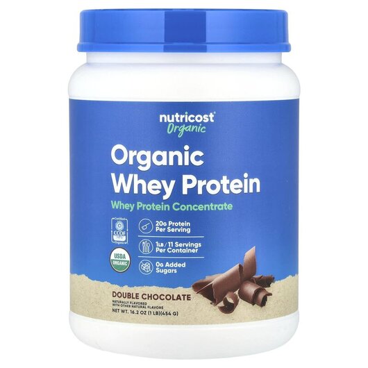 Основне фото товару Organic Whey Protein Double Chocolate Основне фото товару Nutricost, Organic Whey Protein Double Chocolate, Протеїн, 454 г
