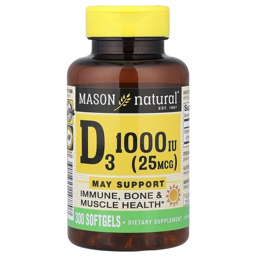 Основне фото товару Vitamin D3 25 mcg 1000 IU Основне фото товару Mason, Vitamin D3 25 mcg 1000 IU, Вітамін D, 300 капсул