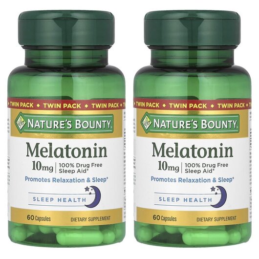 Основне фото товару Melatonin 10 mg Twin Pack Основне фото товару Nature's Bounty, Melatonin 10 mg, Мелатонін 10 мг, 60 капсул