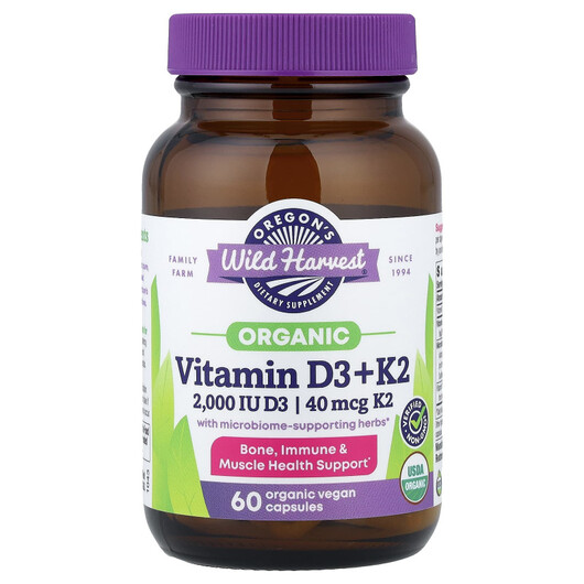 Основне фото товару Organic Vitamin D3 + K2, Вітаміни D3 K2, 60 капсул