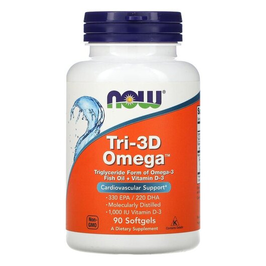Основне фото товару Tri 3D Omega 330 EPA 220 DHA Основне фото товару NOW Foods, Tri-3D Omega, Омега 3 + D3, 90 капсул