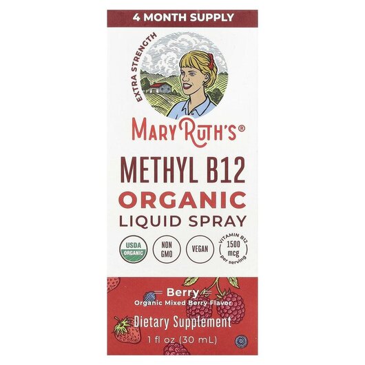 Основне фото товару Organic Methly B12 Liquid Spray Extra Strength Berry Основне фото товару Organic Methly B12 Liquid Spray Extra Strength, Вітамін B12 Кобал