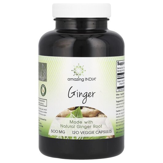 Основне фото товару Amazing India, Ginger 500 mg, Корінь Імбиру, 120 капсул