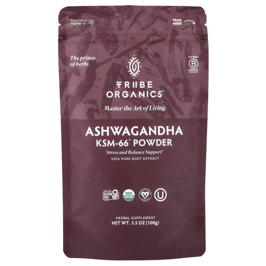 Основне фото товару Tribe Organics, Ashwagandha KSM-66 Powder, Ашваганда, 100 г