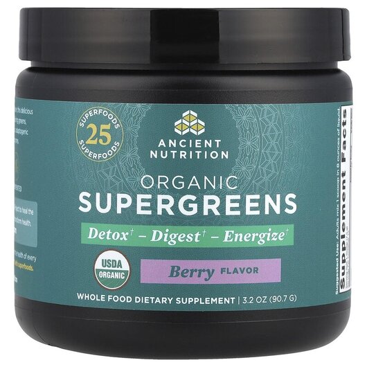 Основное фото товара Organic SuperGreens Berry Основное фото товара Ancient Nutrition, Суперфуд, Organic SuperGreens Berry, 90.7 г
