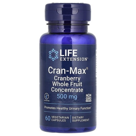 Основне фото товару Cran-Max Cranberry Whole Fruit Concentrate 500 mg Основне фото товару Life Extension, Cran-Max Cranberry, Журавлина 500 мг, 60 капсул