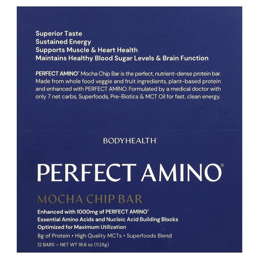 Основне фото товару Perfect Amino Bar Mocha Chip Основне фото товару BodyHealth, Perfect Amino Bar Mocha Chip, Протеїнові батончики, 1