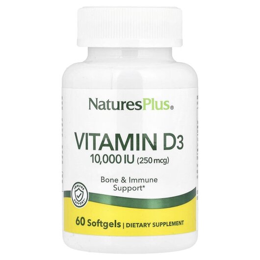 Основне фото товару Maximum Potency Vit D3 10000 IU Основне фото товару Natures Plus, Vit D3 10000 IU, Вітамін D3 10000 МО, 60 капсул