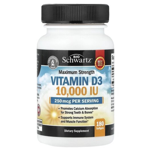 Основное фото товара Витамин D3, Maximum Strength Vitamin D3 250 mcg 10000 IU, 180 кап
