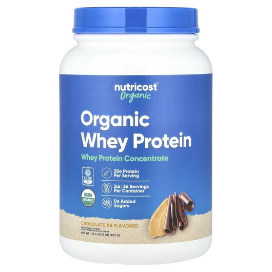 Основне фото товару Organic Whey Protein Chocolate PB Основне фото товару Nutricost, Organic Whey Protein Chocolate PB, Протеїн, 907 г
