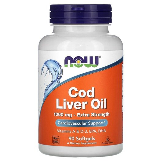 Основне фото товару Cod Liver Oil Extra Strength 1000 mg Основне фото товару NOW Foods, Cod Liver Oil 1000 mg, Олія печінки тріски, 90 капсул