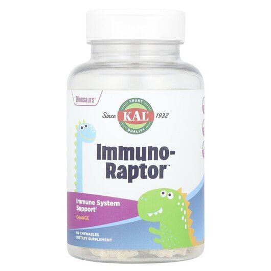 Основне фото товару Dinosaurs Immuno-Raptor Immune Support Orange Основне фото товару KAL, Dinosaurs Immuno-Raptor, Жувальні Вітаміни, 60 цукерок
