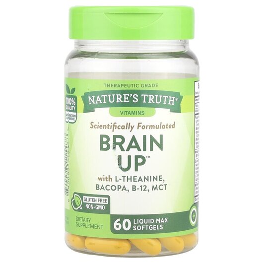 Основне фото товару Brain Up With L-Theanine Bacopa B-12 MCT Основне фото товару Nature's Truth, Brain Up With L-Theanine, L-Теанін, 60 капсу