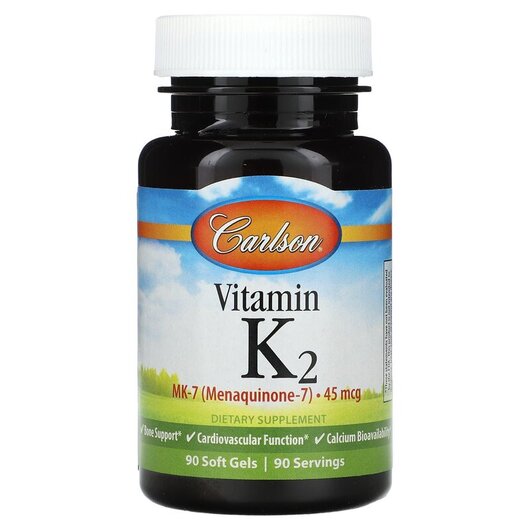 Основне фото товару Carlson, Vitamin K2 MK-7 45 mcg, Вітамін K2, 90 капсул