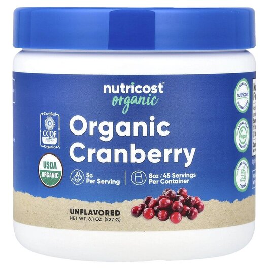 Основне фото товару Organic Cranberry Unflavored Основне фото товару Nutricost, Organic Cranberry Unflavored, Журавлина, 227 г