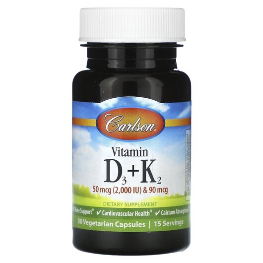 Основное фото товара Carlson, Витамины D3 + K2, Vitamin D3 + K2 50 mcg & 90 mcg, 3