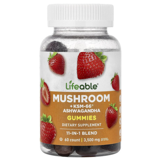 Основное фото товара Mushroom + KSM-66 Ashwagandha Gummies Strawberry, Ашваганда, 60 т