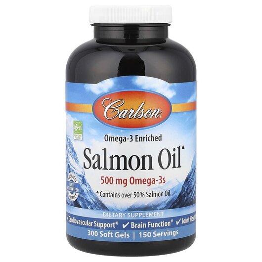 Основне фото товару Norwegian Salmon Oil 500 mg Основне фото товару Carlson, Norwegian Salmon Oil, Олія з дикого лосося 500 мг, 300 к
