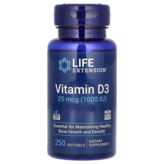 Основне фото товару Vitamin D3 25 mcg 1000 IU Основне фото товару Vitamin D3 25 mcg 1000 IU, Вітамін D3 25 мкг 1000 МО, 250 капсул